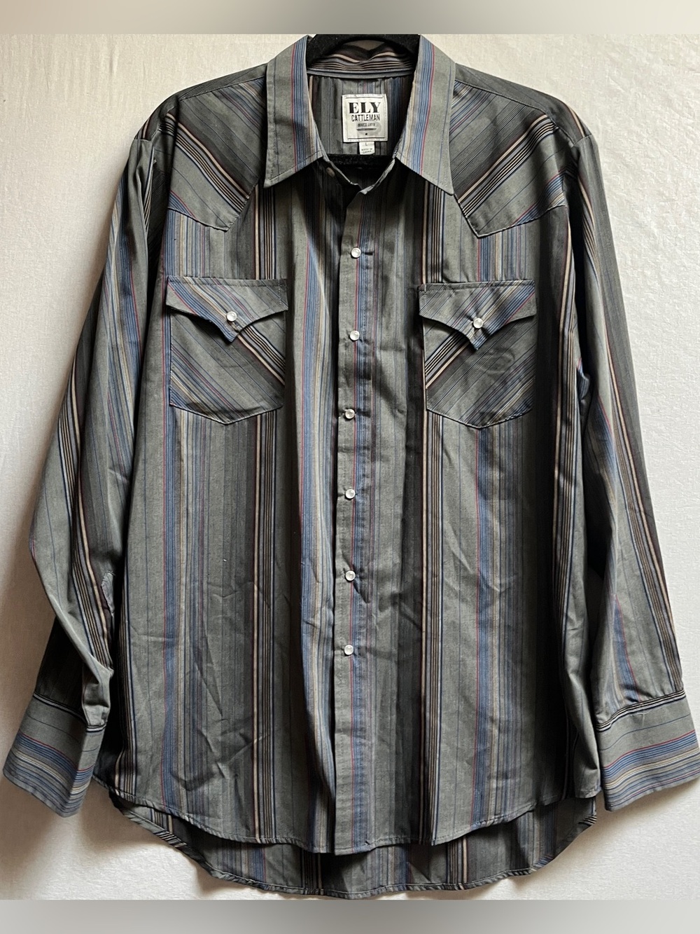 Ely Cattleman Gray Striped Western Shirt Pearl Snap Long Sleeve Size L